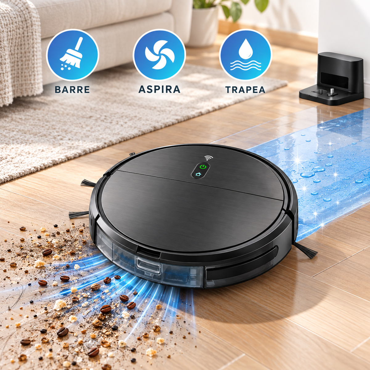 Robot de Limpieza Inteligente 3 en 1, Aspiradora, Barredora y Trapeadora con Potencia 1400Pa