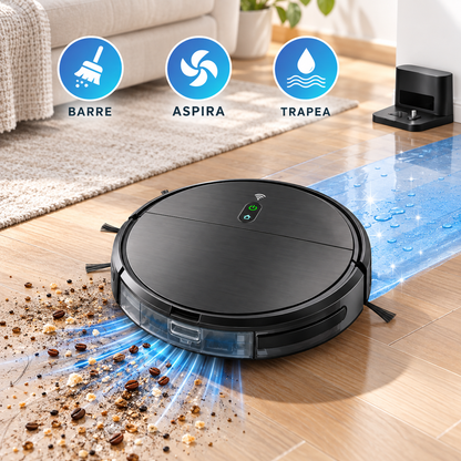 Robot de Limpieza Inteligente 3 en 1, Aspiradora, Barredora y Trapeadora con Potencia 1400Pa
