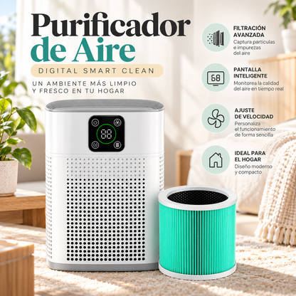 Purificador de Aire Digital Smart Clean, Dispositivo de Filtración Avanzada con Pantalla Inteligente para el Hogar