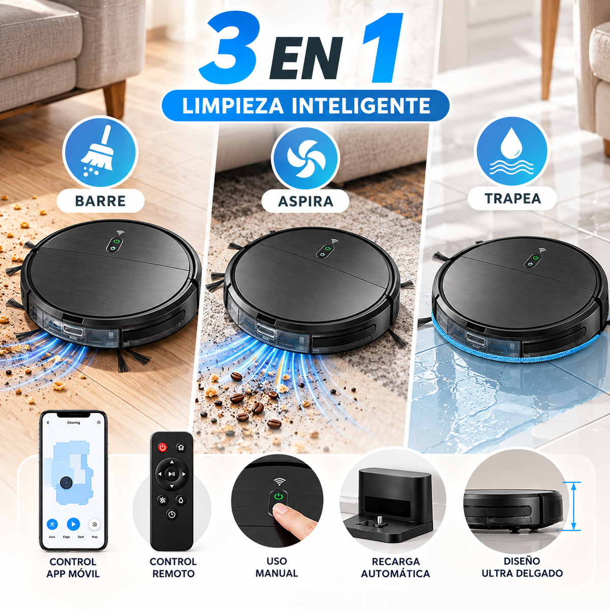 Robot de Limpieza Inteligente 3 en 1, Aspiradora, Barredora y Trapeadora con Potencia 1400Pa