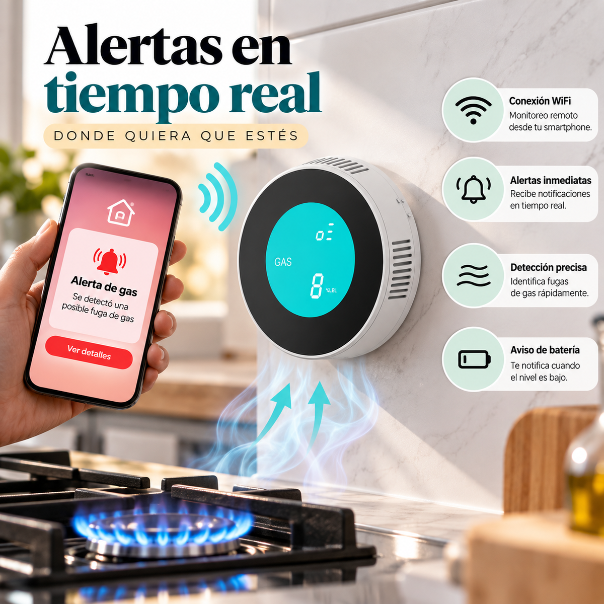 Detector de Fugas de Gas WiFi con Alertas Móviles Remotas