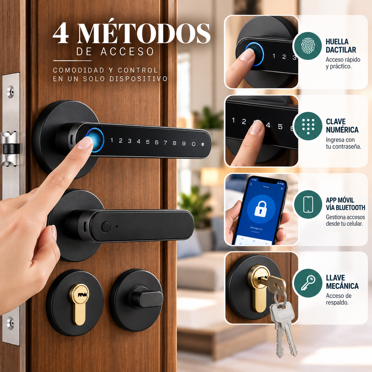 Cerradura Inteligente Bluetooth Tuya con Huella Dactilar, Clave Numérica y Llave Mecánica, para Puertas de Madera y Entrada