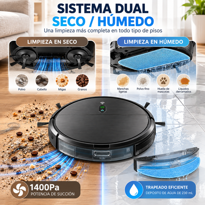 Robot de Limpieza Inteligente 3 en 1, Aspiradora, Barredora y Trapeadora con Potencia 1400Pa