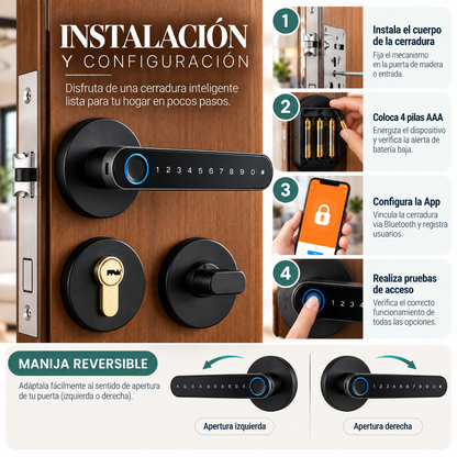 Cerradura Inteligente Bluetooth Tuya con Huella Dactilar, Clave Numérica y Llave Mecánica, para Puertas de Madera y Entrada