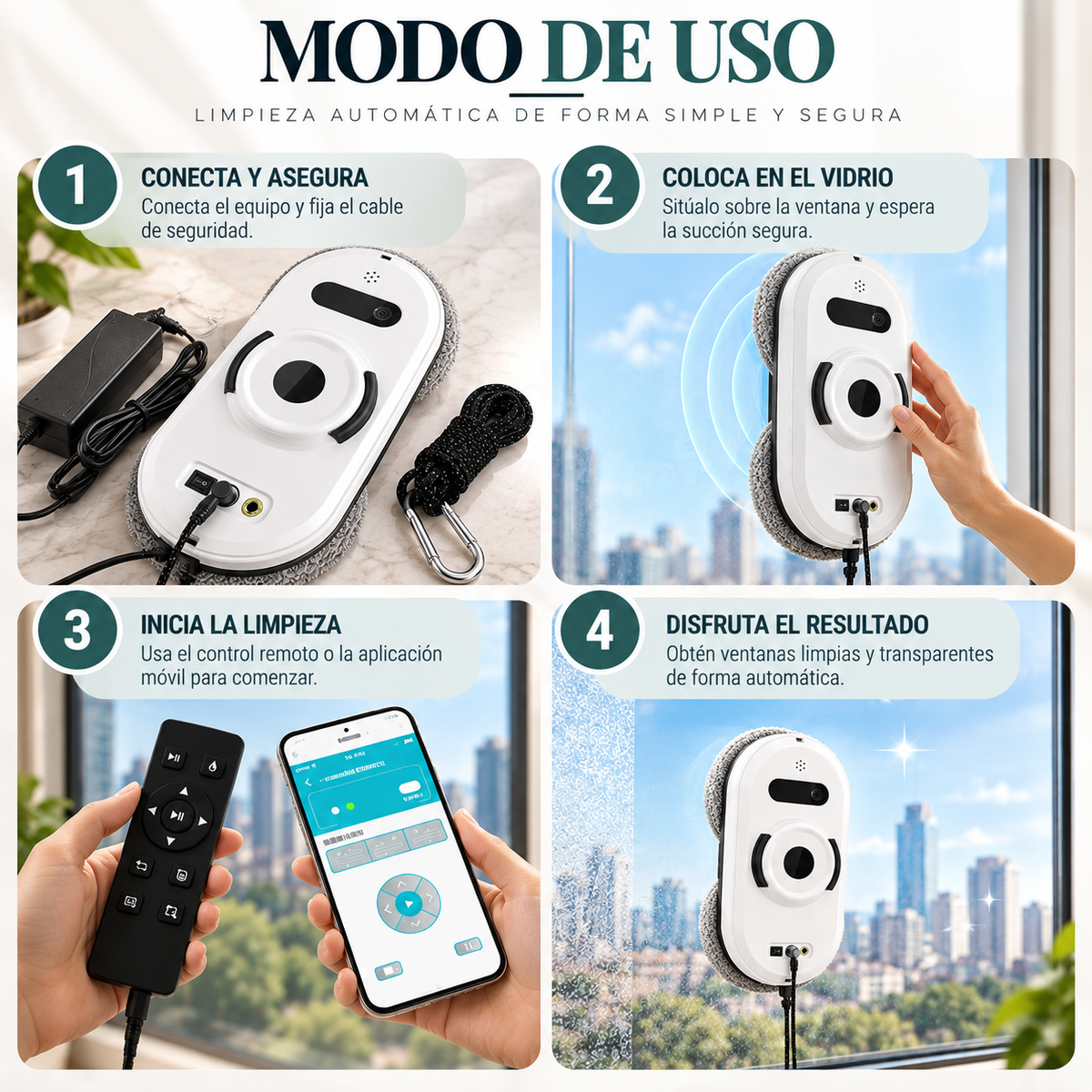 Robot Limpiacristales Inteligente Automático, Limpiador de Ventanas y Cristales con Succión