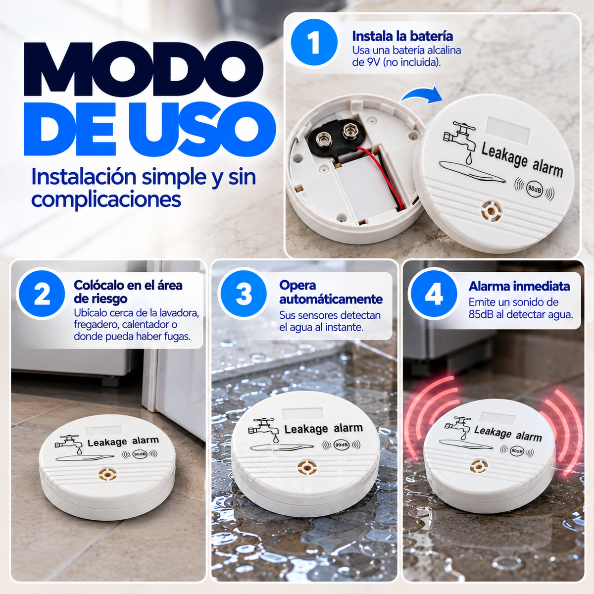 Detector de Alarma de Fugas de Agua para Desagüe de Lavadora