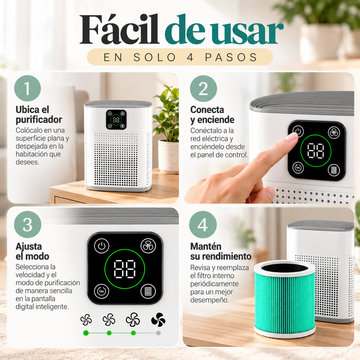 Purificador de Aire Digital Smart Clean, Dispositivo de Filtración Avanzada con Pantalla Inteligente para el Hogar