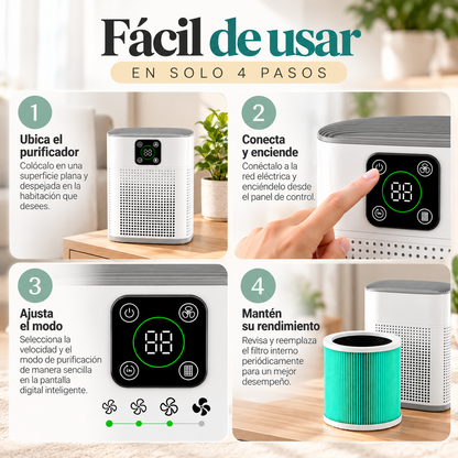 Purificador de Aire Digital Smart Clean, Dispositivo de Filtración Avanzada con Pantalla Inteligente para el Hogar