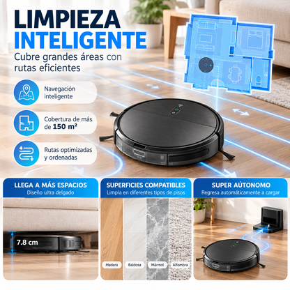 Robot de Limpieza Inteligente 3 en 1, Aspiradora, Barredora y Trapeadora con Potencia 1400Pa