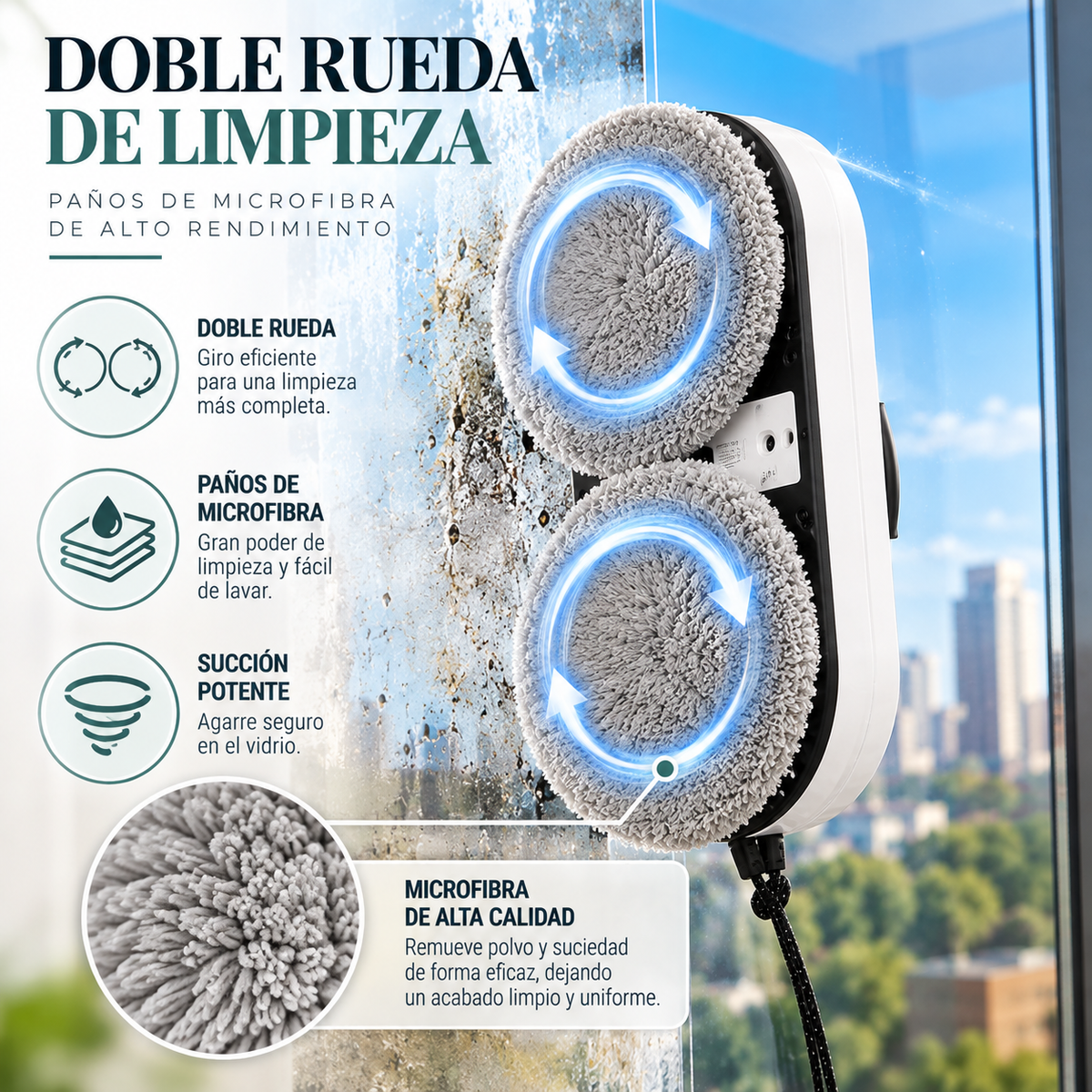 Robot Limpiacristales Inteligente Automático, Limpiador de Ventanas y Cristales con Succión