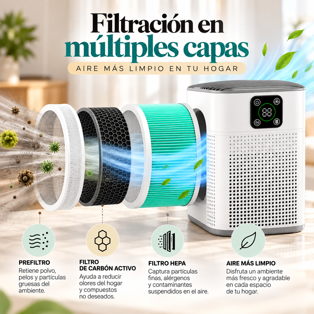 Purificador de Aire Digital Smart Clean, Dispositivo de Filtración Avanzada con Pantalla Inteligente para el Hogar