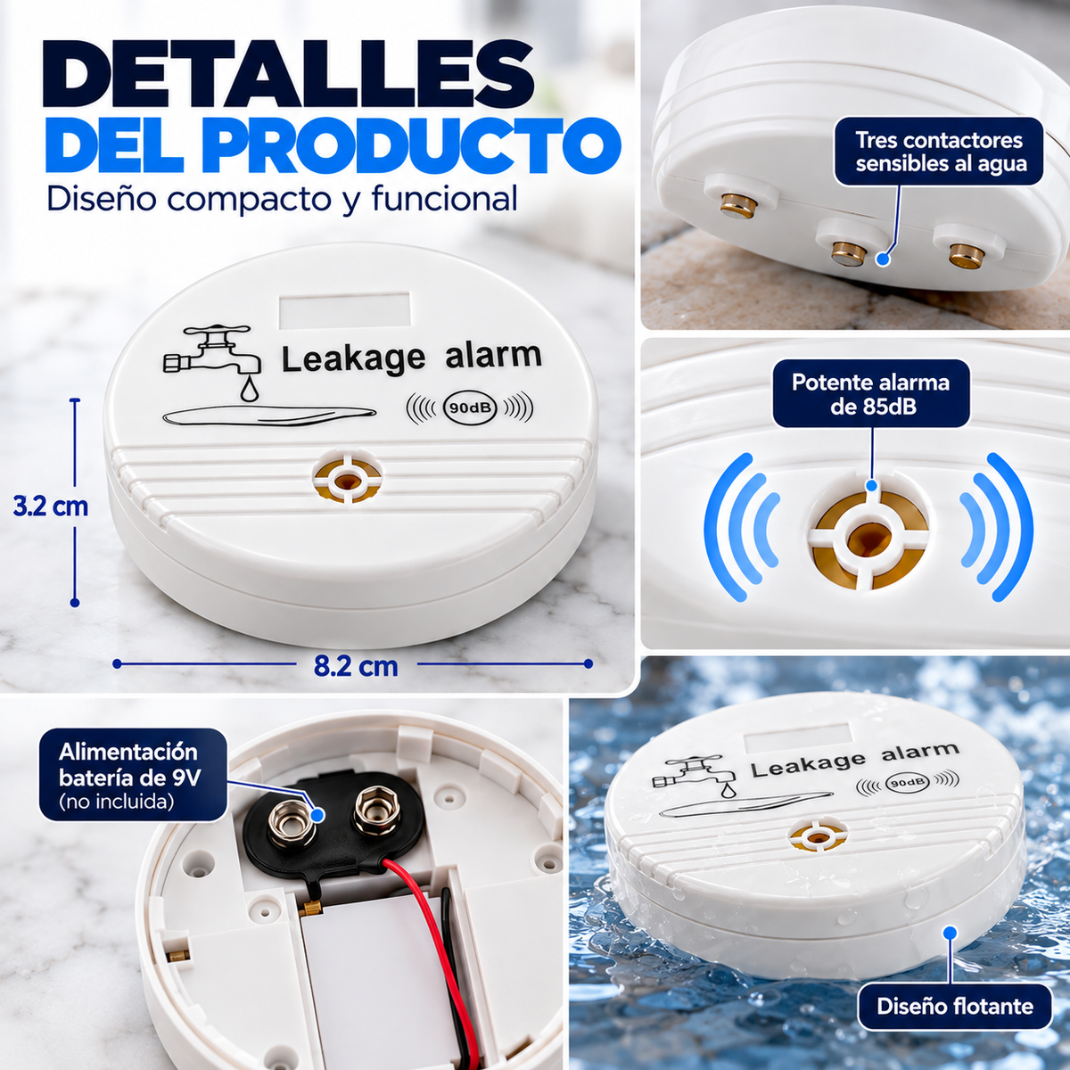 Detector de Alarma de Fugas de Agua para Desagüe de Lavadora