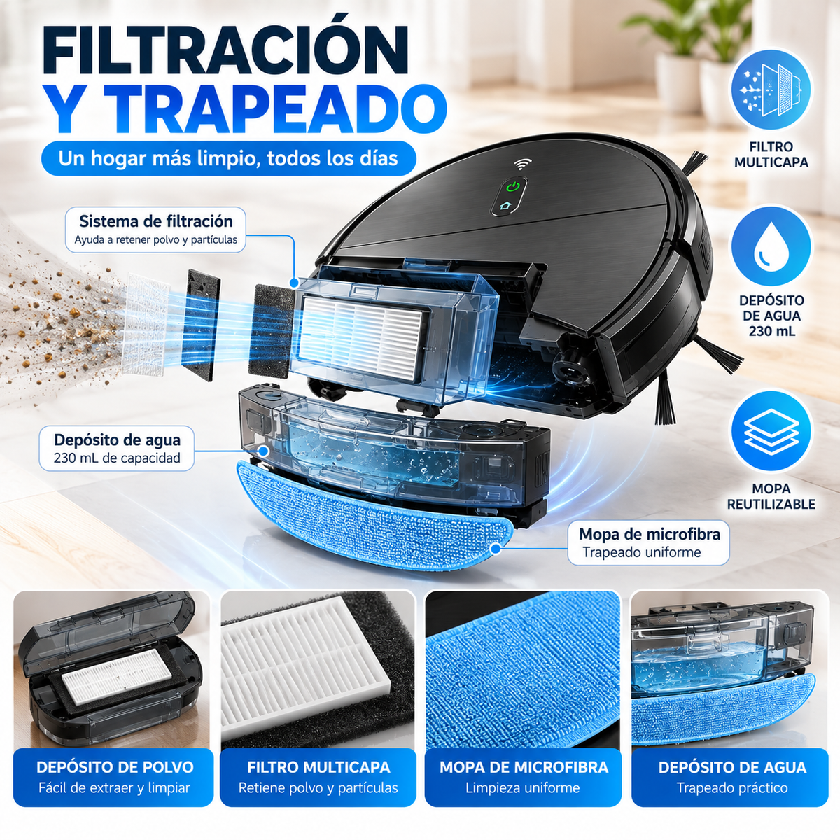 Robot de Limpieza Inteligente 3 en 1, Aspiradora, Barredora y Trapeadora con Potencia 1400Pa