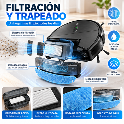 Robot de Limpieza Inteligente 3 en 1, Aspiradora, Barredora y Trapeadora con Potencia 1400Pa