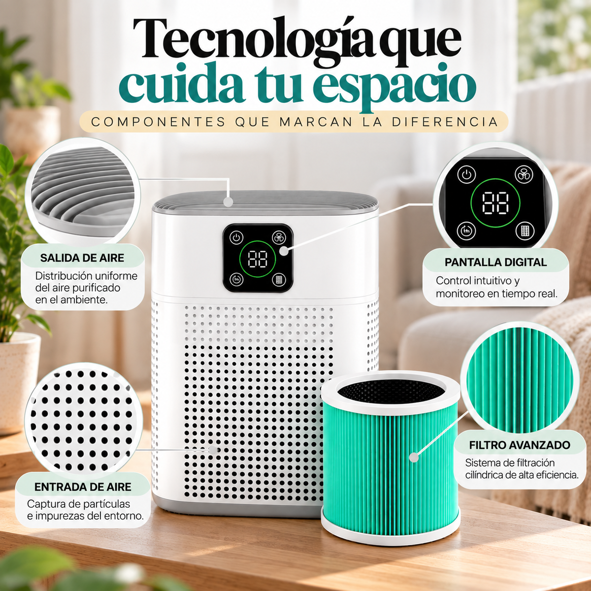 Purificador de Aire Digital Smart Clean, Dispositivo de Filtración Avanzada con Pantalla Inteligente para el Hogar