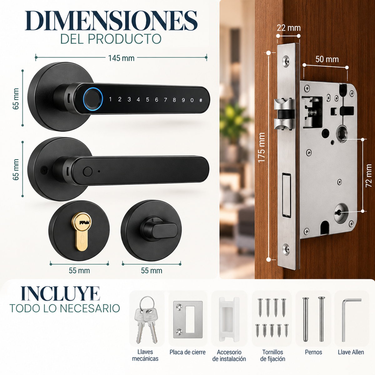 Cerradura Inteligente Bluetooth Tuya con Huella Dactilar, Clave Numérica y Llave Mecánica, para Puertas de Madera y Entrada