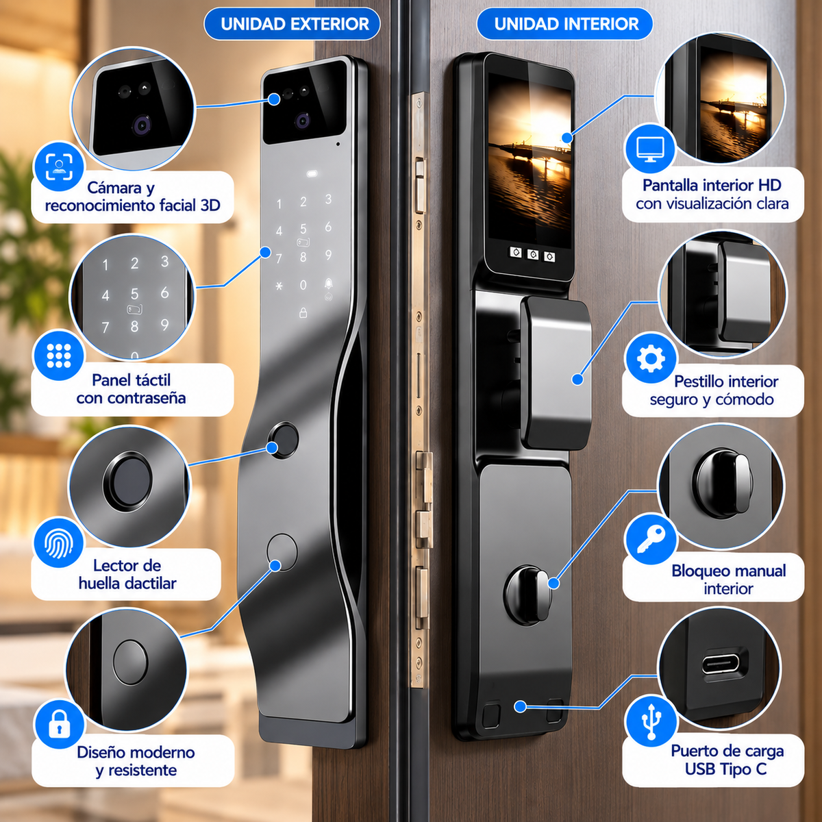 Cerradura Inteligente para Puertas F7 Face Intercom, Reconocimiento Facial 3D, Huella Dactilar