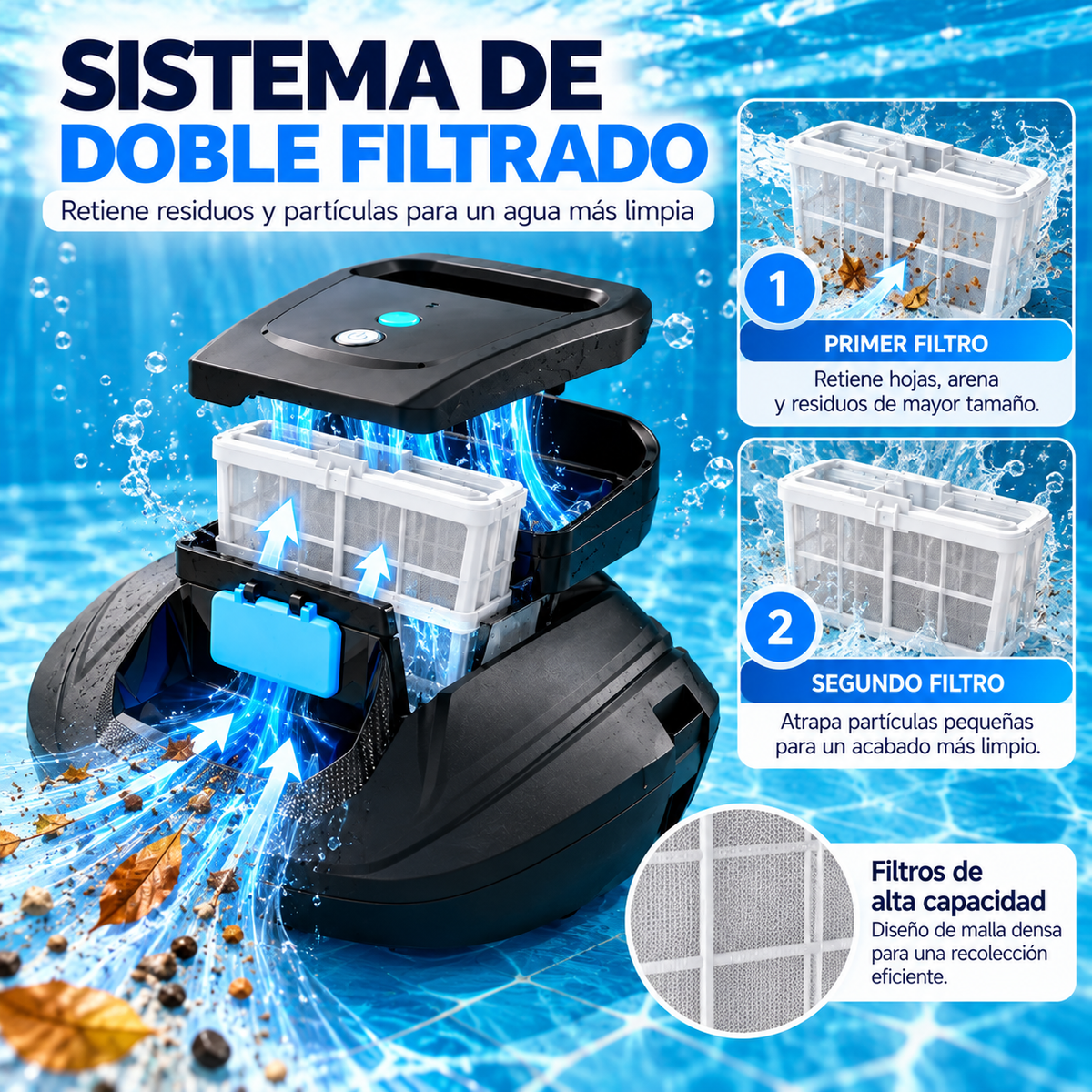 Limpiador de Piscinas Robótico Inalámbrico, Robot Automático con Doble Filtrado y Plástico PC ABS