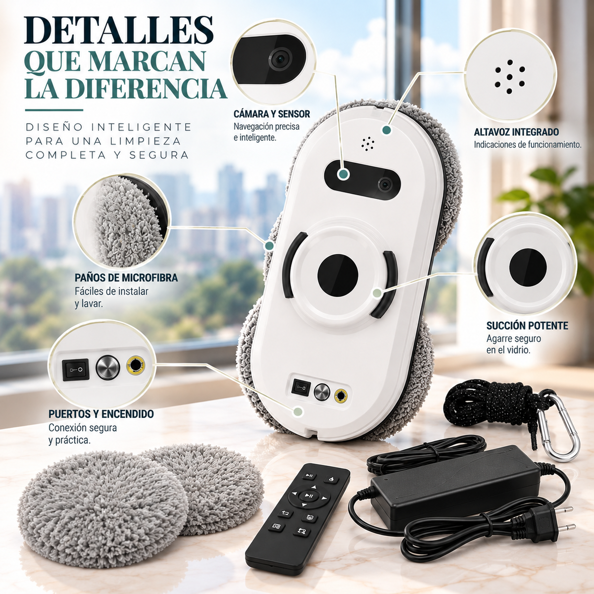 Robot Limpiacristales Inteligente Automático, Limpiador de Ventanas y Cristales con Succión
