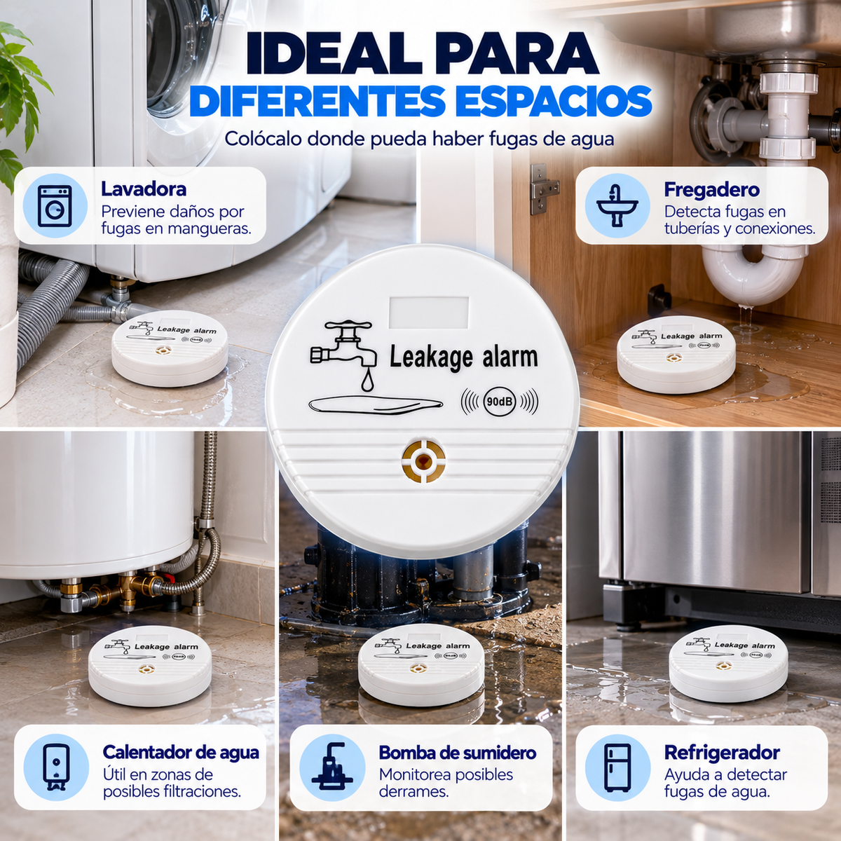 Detector de Alarma de Fugas de Agua para Desagüe de Lavadora