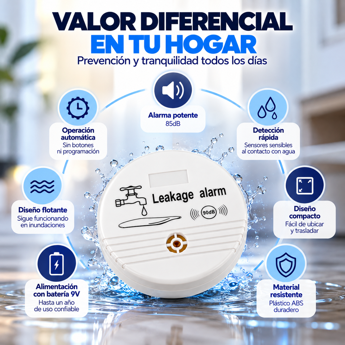Detector de Alarma de Fugas de Agua para Desagüe de Lavadora