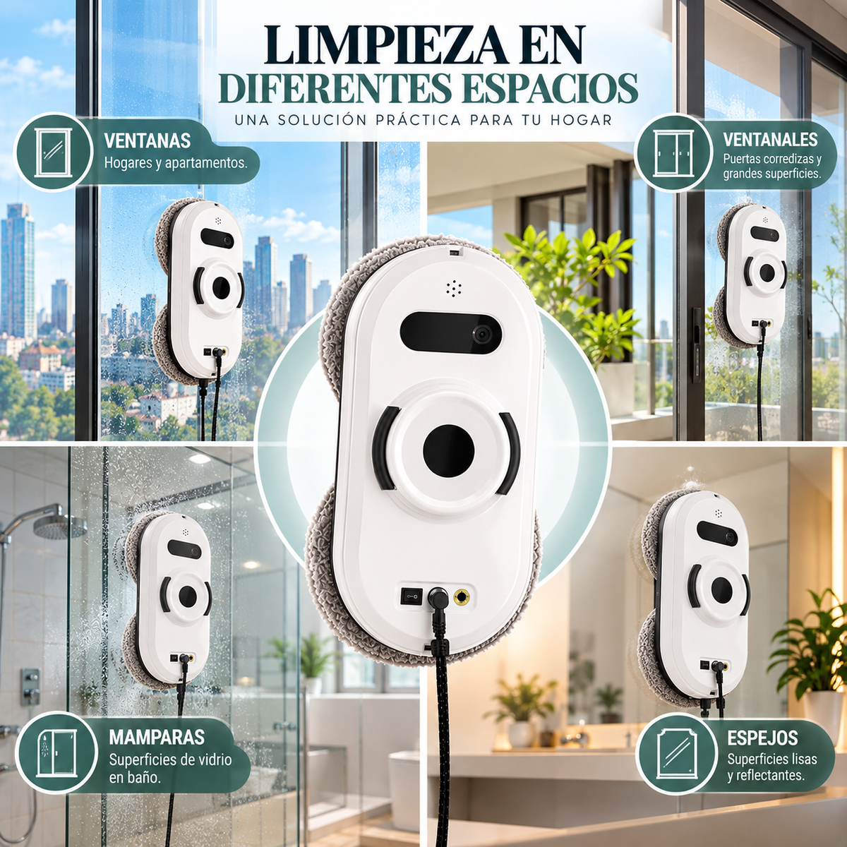 Robot Limpiacristales Inteligente Automático, Limpiador de Ventanas y Cristales con Succión