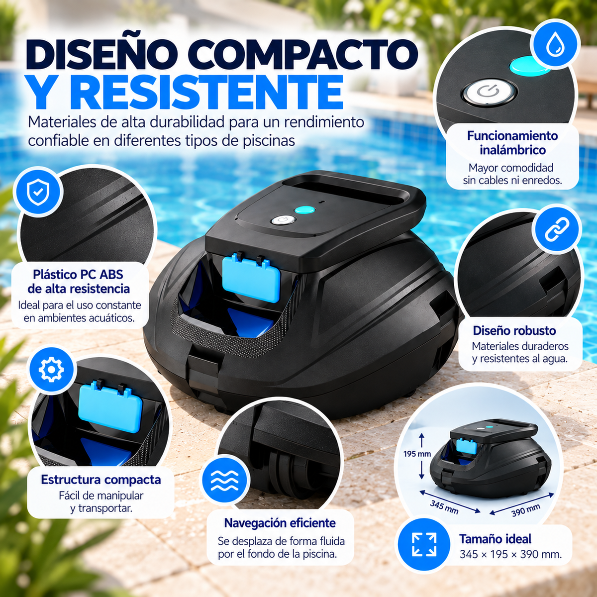 Limpiador de Piscinas Robótico Inalámbrico, Robot Automático con Doble Filtrado y Plástico PC ABS