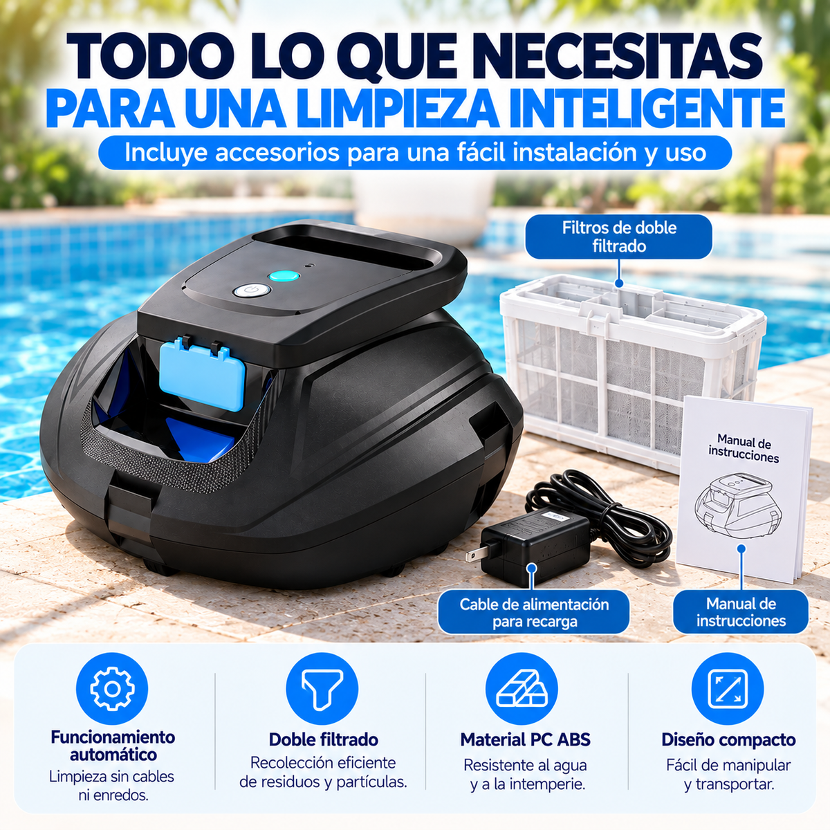 Limpiador de Piscinas Robótico Inalámbrico, Robot Automático con Doble Filtrado y Plástico PC ABS
