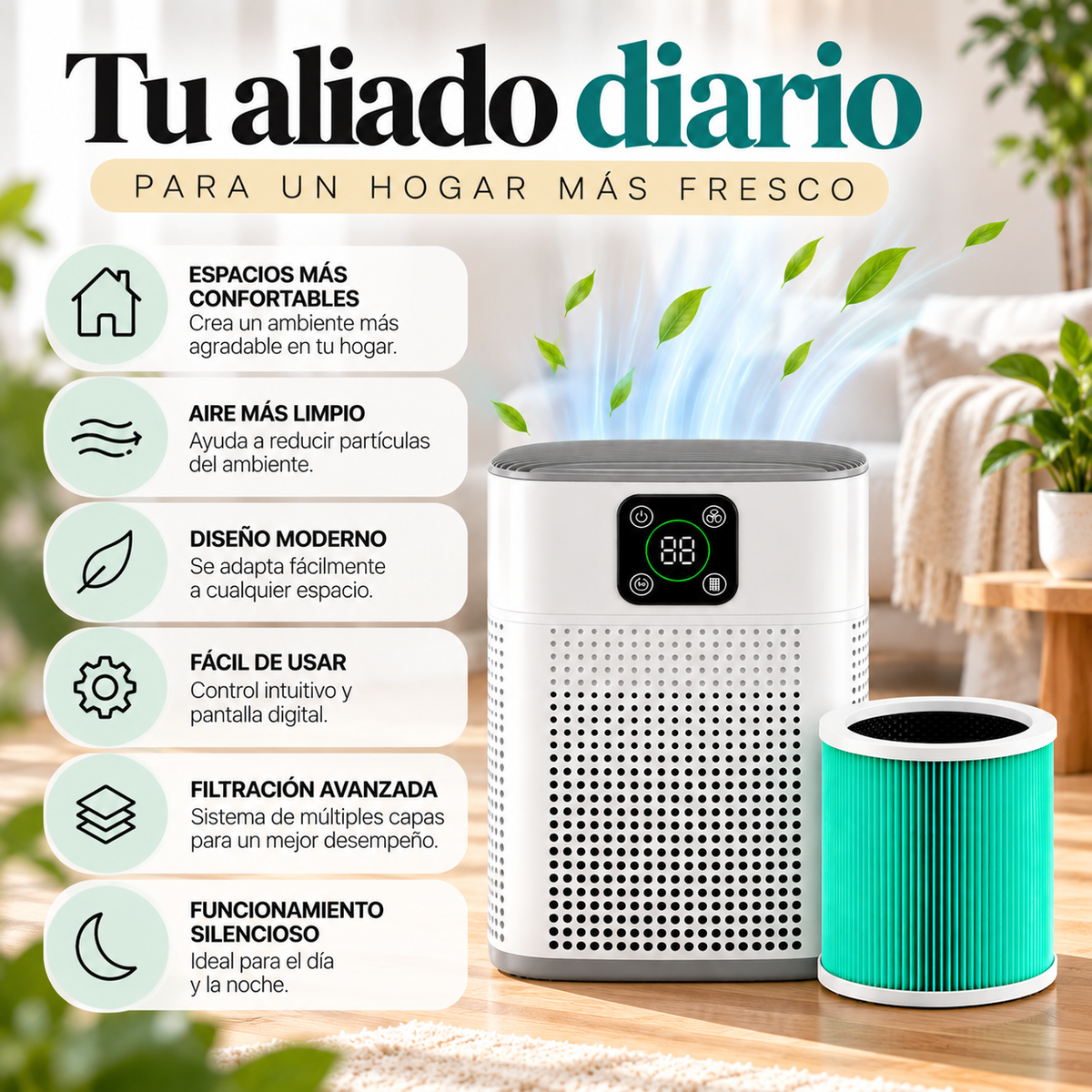 Purificador de Aire Digital Smart Clean, Dispositivo de Filtración Avanzada con Pantalla Inteligente para el Hogar
