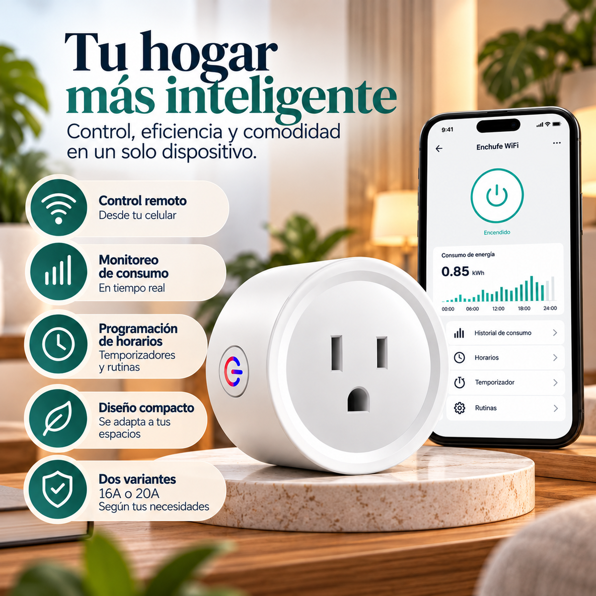 Enchufe Controlado por WiFi con Medidor de Consumo (16A / 20A)