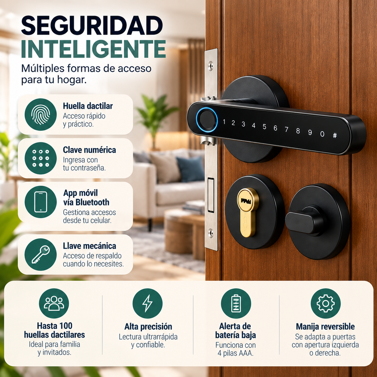 Cerradura Inteligente Bluetooth Tuya con Huella Dactilar, Clave Numérica y Llave Mecánica, para Puertas de Madera y Entrada