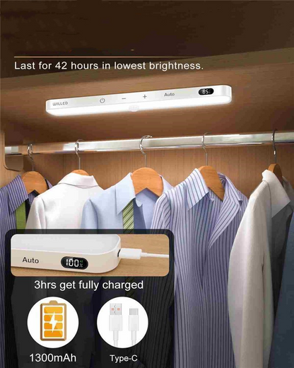 Klavexo, Barra de Luz LED Inalámbrica con Sensor de Movimiento, Pantalla Digital de Batería y Batería Recargable USB para Armarios, Cocinas y Pasillos